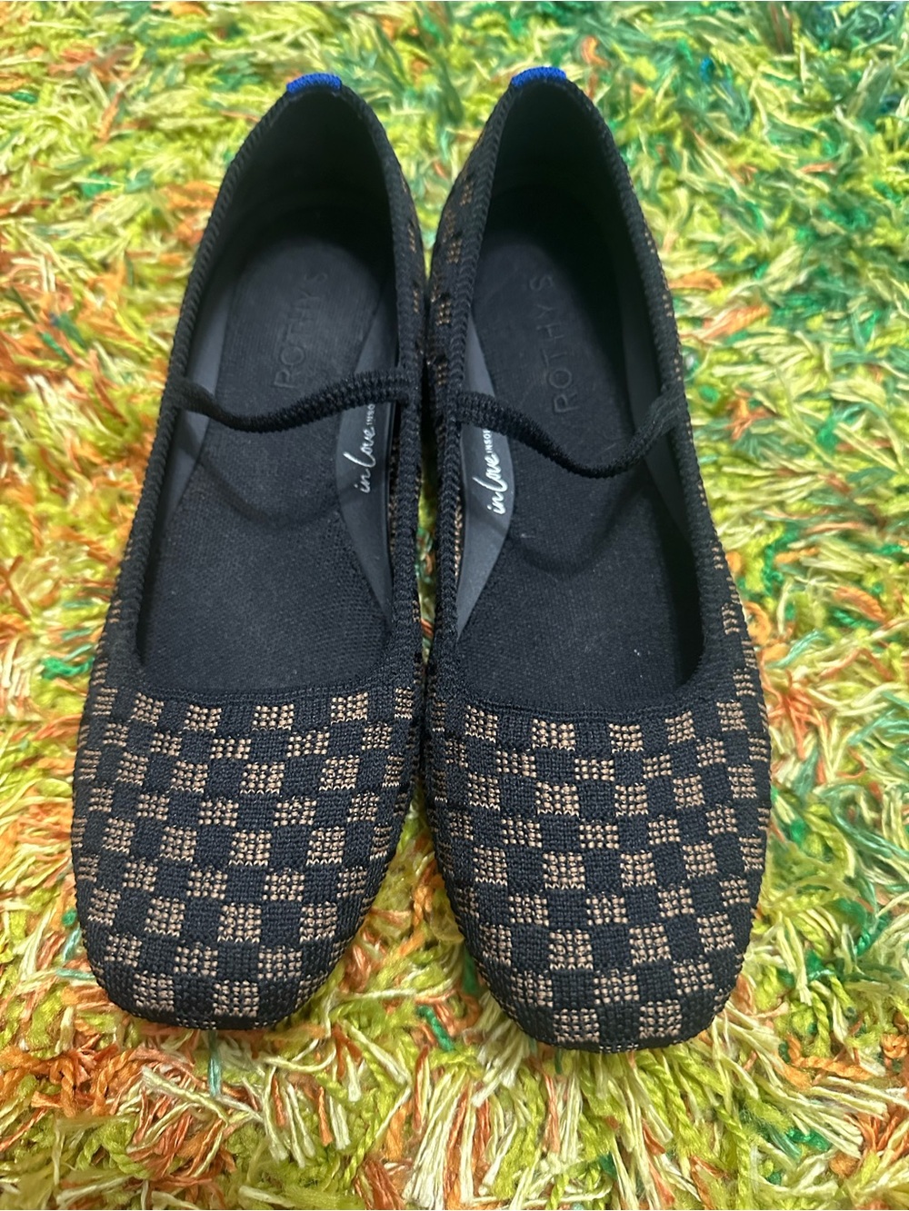 Rothy’s Black and Gold Check Knit Ballet Flats